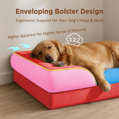 Waterproof Orthopedic Dog Bed for Extra Large Dogs | Supportive Egg Crate Foam XL Pet Bed with Removable Bolster, Dog Couch with Washable Cover & Non-Slip Bottom, 42x30 Inch - Colors A