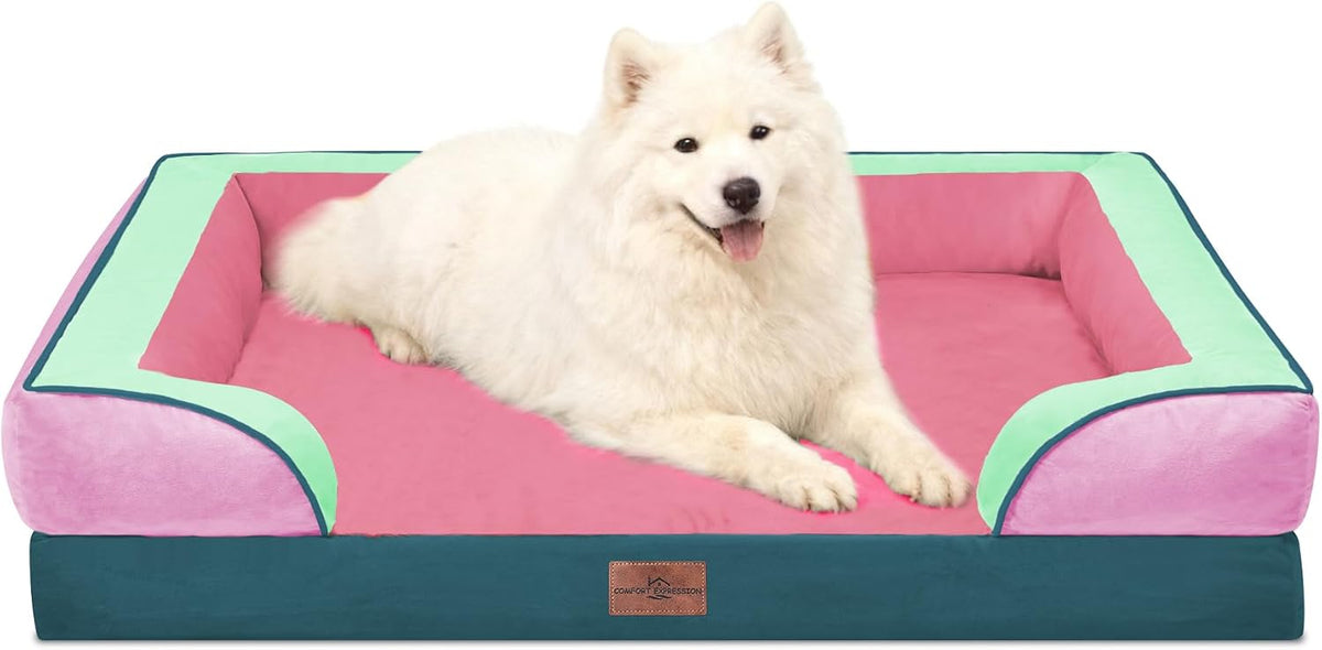 Waterproof Orthopedic Dog Bed for Extra Large Dogs | Supportive Egg Crate Foam XL Pet Bed with Removable Bolster, Dog Couch with Washable Cover & Non-Slip Bottom, 42x30 Inch - Colors A