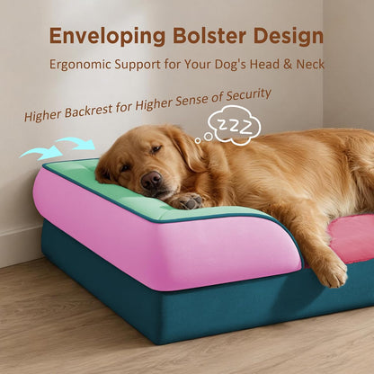 Waterproof Orthopedic Dog Bed for Extra Large Dogs | Supportive Egg Crate Foam XL Pet Bed with Removable Bolster, Dog Couch with Washable Cover & Non-Slip Bottom, 42x30 Inch - Colors A