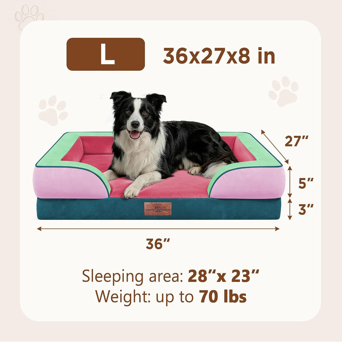 Waterproof Orthopedic Dog Bed for Extra Large Dogs | Supportive Egg Crate Foam XL Pet Bed with Removable Bolster, Dog Couch with Washable Cover & Non-Slip Bottom, 42x30 Inch - Colors A
