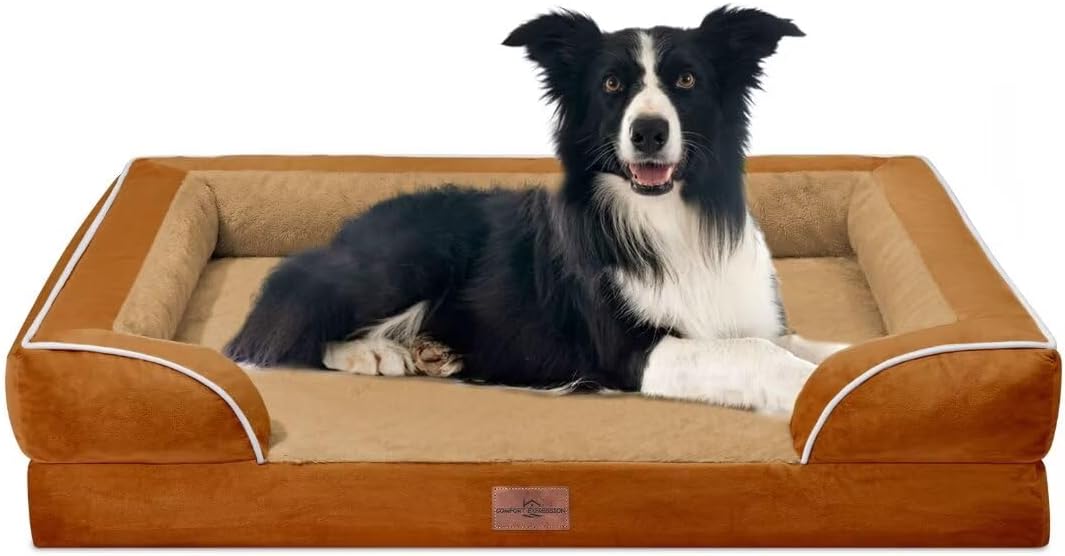 Waterproof Orthopedic Dog Bed for Extra Large Dogs | Supportive Egg Crate Foam XL Pet Bed with Removable Bolster, Dog Couch with Washable Cover & Non-Slip Bottom, 42x30 Inch - Colors A