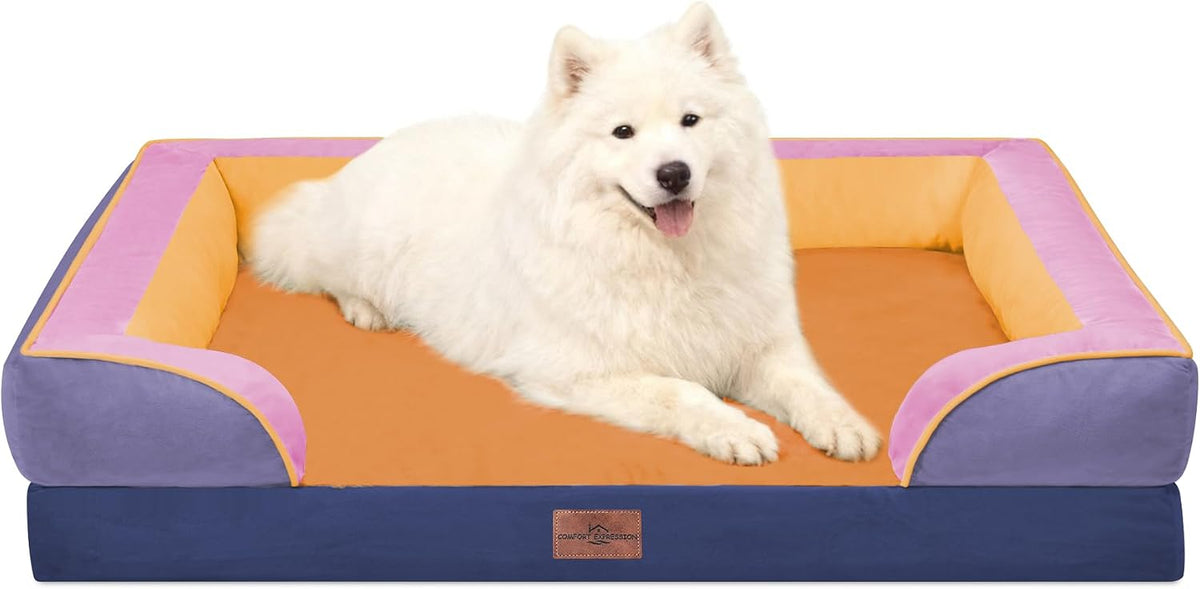 Waterproof Orthopedic Dog Bed for Extra Large Dogs | Supportive Egg Crate Foam XL Pet Bed with Removable Bolster, Dog Couch with Washable Cover & Non-Slip Bottom, 42x30 Inch - Colors A