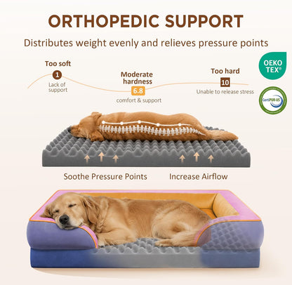 Waterproof Orthopedic Dog Bed for Extra Large Dogs | Supportive Egg Crate Foam XL Pet Bed with Removable Bolster, Dog Couch with Washable Cover & Non-Slip Bottom, 42x30 Inch - Colors A