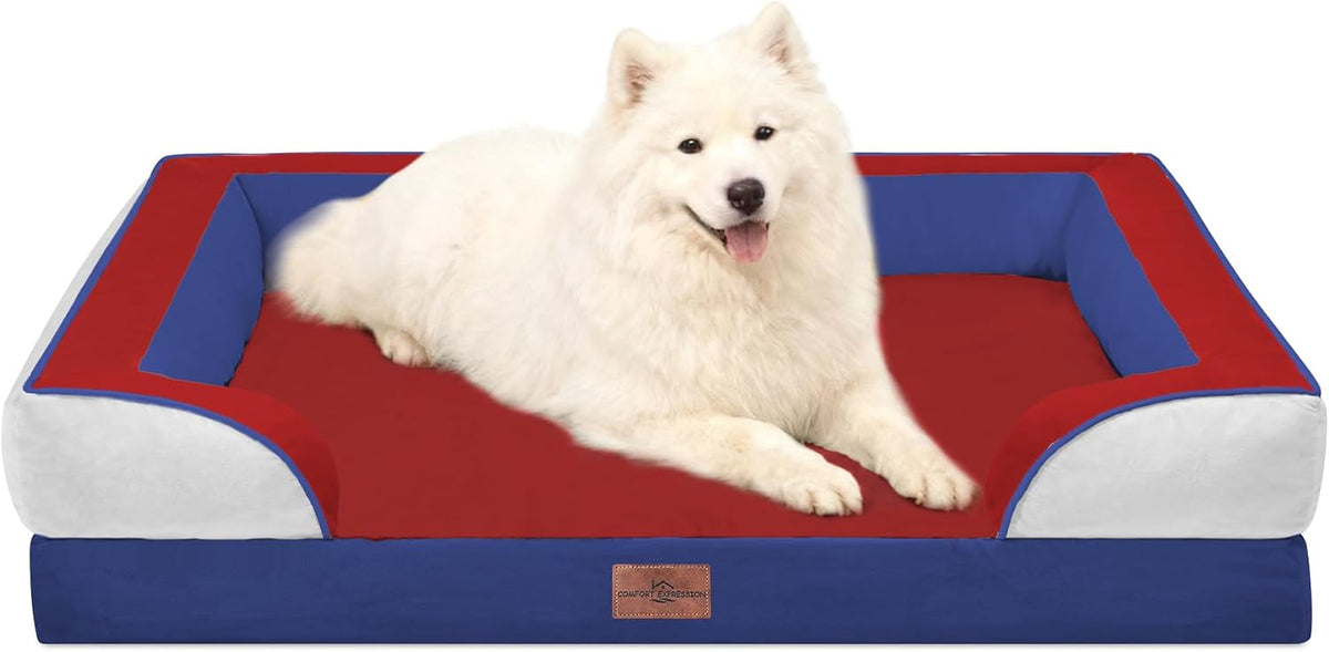 Waterproof Orthopedic Dog Bed for Extra Large Dogs | Supportive Egg Crate Foam XL Pet Bed with Removable Bolster, Dog Couch with Washable Cover & Non-Slip Bottom, 42x30 Inch - Colors A