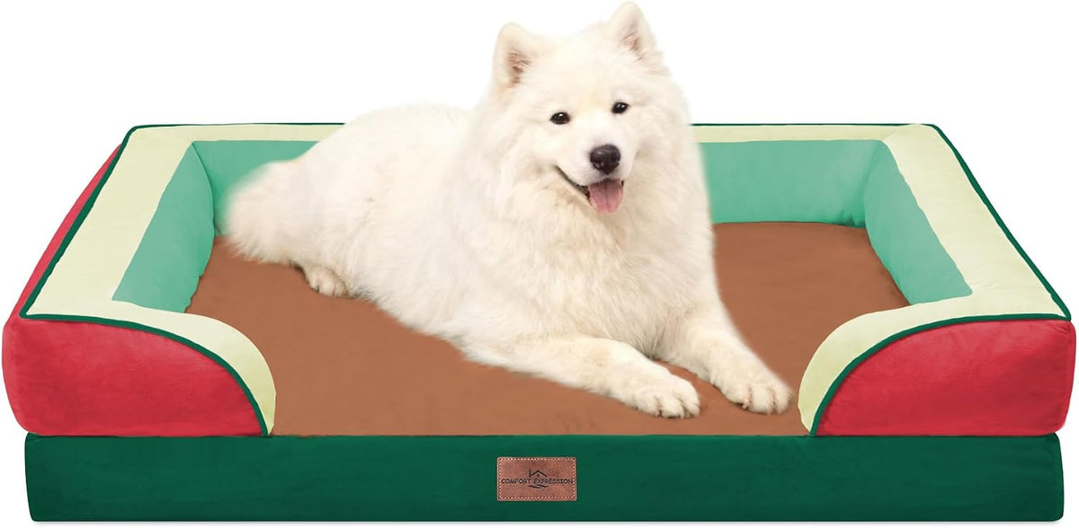 Waterproof Orthopedic Dog Bed for Extra Large Dogs | Supportive Egg Crate Foam XL Pet Bed with Removable Bolster, Dog Couch with Washable Cover & Non-Slip Bottom, 42x30 Inch - Colors A