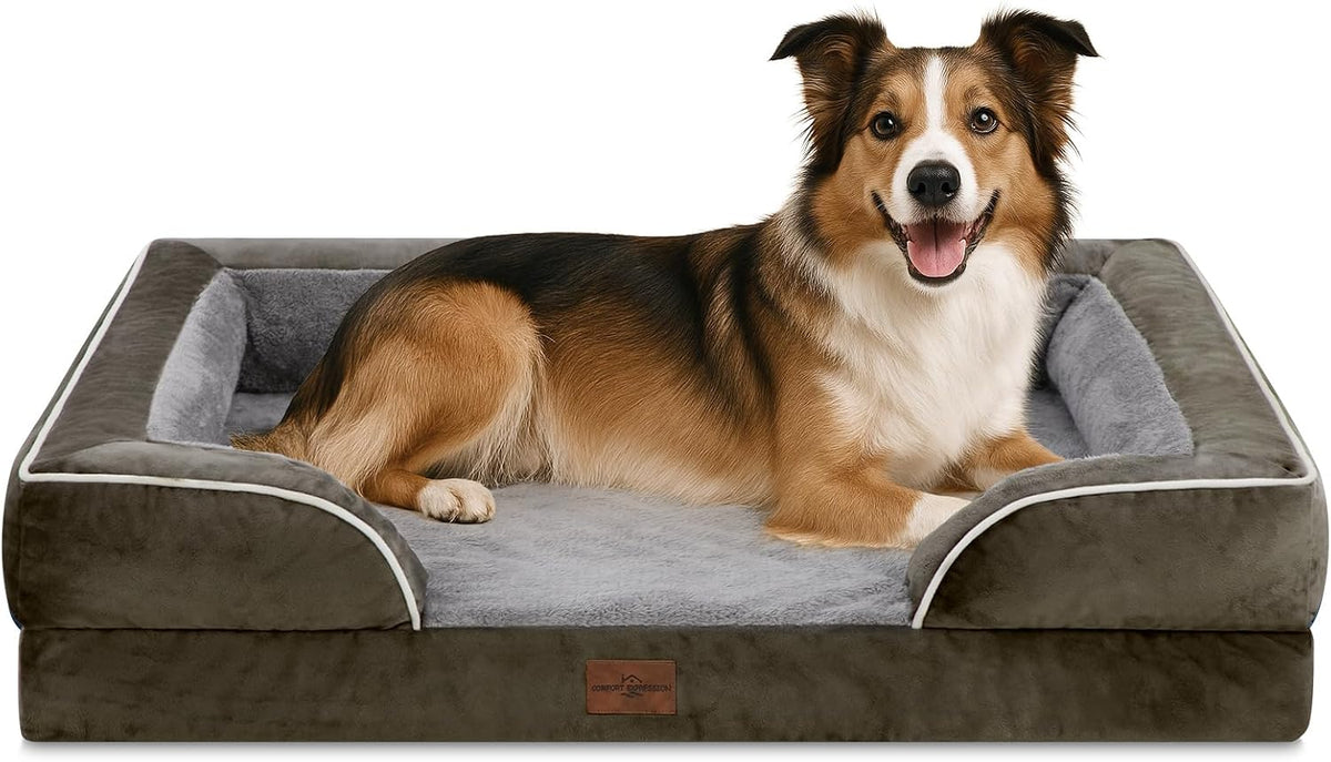 Waterproof Orthopedic Dog Bed for Extra Large Dogs | Supportive Egg Crate Foam XL Pet Bed with Removable Bolster, Dog Couch with Washable Cover & Non-Slip Bottom, 42x30 Inch - Colors A