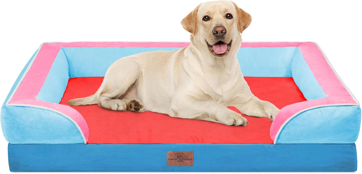 Waterproof Orthopedic Dog Bed for Extra Large Dogs | Supportive Egg Crate Foam XL Pet Bed with Removable Bolster, Dog Couch with Washable Cover & Non-Slip Bottom, 42x30 Inch - Colors A