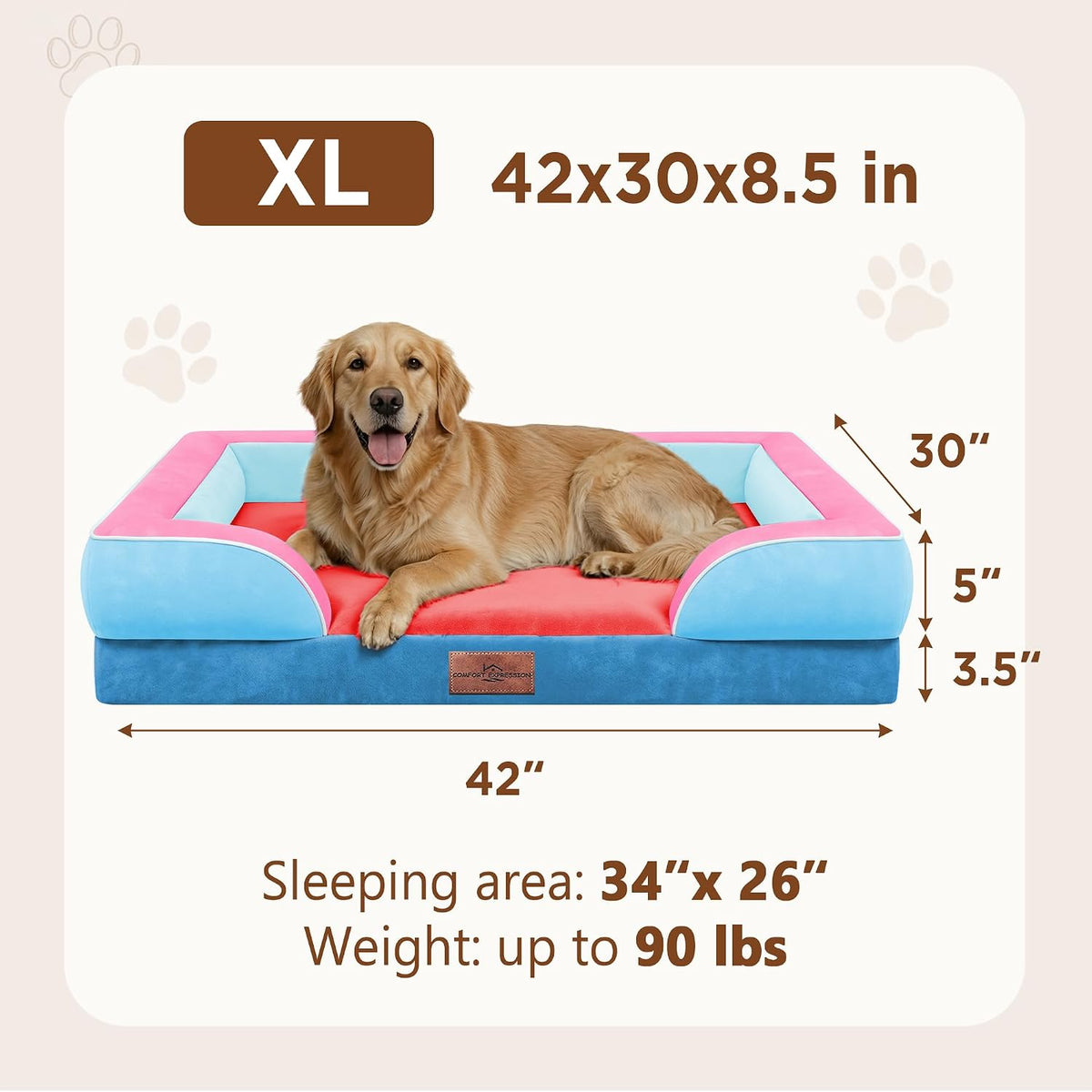 Waterproof Orthopedic Dog Bed for Extra Large Dogs | Supportive Egg Crate Foam XL Pet Bed with Removable Bolster, Dog Couch with Washable Cover & Non-Slip Bottom, 42x30 Inch - Colors A
