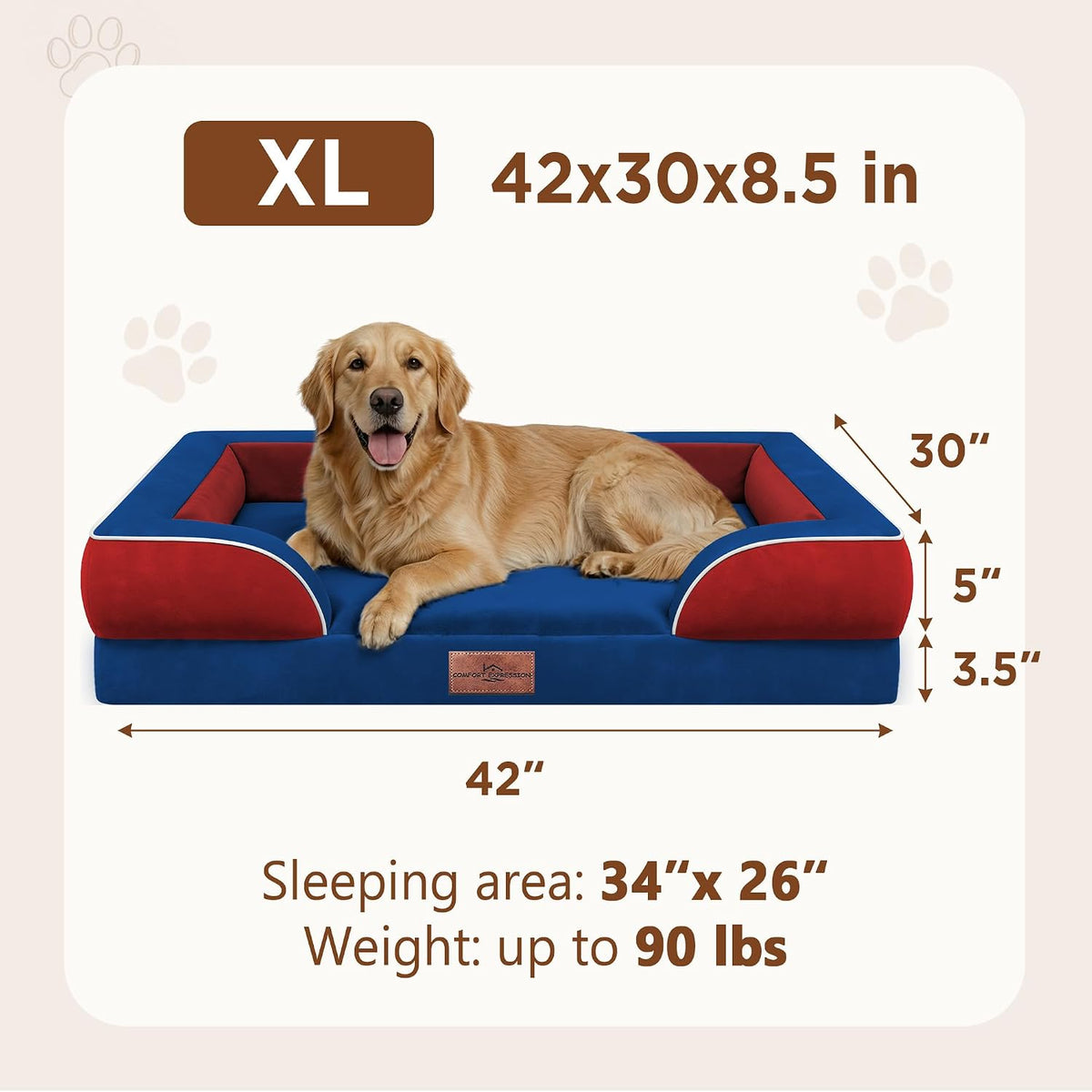 Waterproof Orthopedic Dog Bed for Extra Large Dogs | Supportive Egg Crate Foam XL Pet Bed with Removable Bolster, Dog Couch with Washable Cover & Non-Slip Bottom, 42x30 Inch - Colors A
