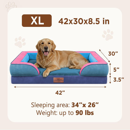Waterproof Orthopedic Dog Bed for Extra Large Dogs | Supportive Egg Crate Foam XL Pet Bed with Removable Bolster, Dog Couch with Washable Cover & Non-Slip Bottom, 42x30 Inch - Colors A