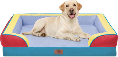 Waterproof Orthopedic Dog Bed for Extra Large Dogs | Supportive Egg Crate Foam XL Pet Bed with Removable Bolster, Dog Couch with Washable Cover & Non-Slip Bottom, 42x30 Inch - Colors A