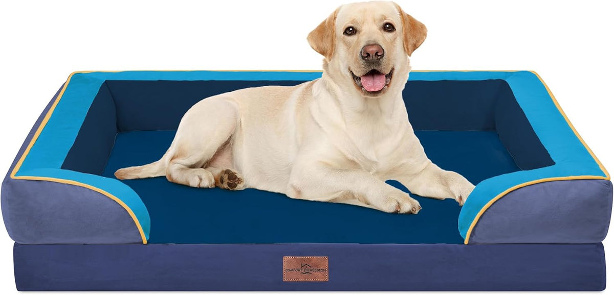 Waterproof Orthopedic Dog Bed for Extra Large Dogs | Supportive Egg Crate Foam XL Pet Bed with Removable Bolster, Dog Couch with Washable Cover & Non-Slip Bottom, 42x30 Inch - Colors A