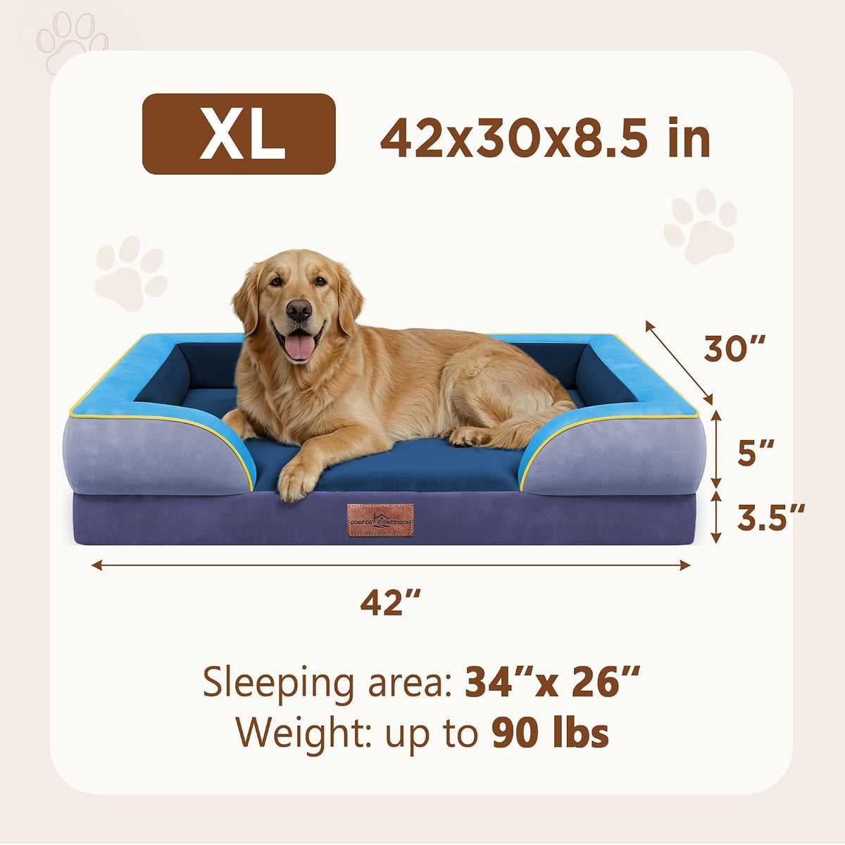 Waterproof Orthopedic Dog Bed for Extra Large Dogs | Supportive Egg Crate Foam XL Pet Bed with Removable Bolster, Dog Couch with Washable Cover & Non-Slip Bottom, 42x30 Inch - Colors A