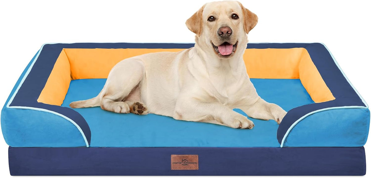 Waterproof Orthopedic Dog Bed for Extra Large Dogs | Supportive Egg Crate Foam XL Pet Bed with Removable Bolster, Dog Couch with Washable Cover & Non-Slip Bottom, 42x30 Inch - Colors A