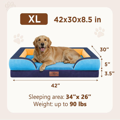Waterproof Orthopedic Dog Bed for Extra Large Dogs | Supportive Egg Crate Foam XL Pet Bed with Removable Bolster, Dog Couch with Washable Cover & Non-Slip Bottom, 42x30 Inch - Colors A