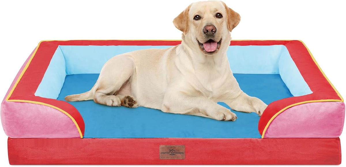 Waterproof Orthopedic Dog Bed for Extra Large Dogs | Supportive Egg Crate Foam XL Pet Bed with Removable Bolster, Dog Couch with Washable Cover & Non-Slip Bottom, 42x30 Inch - Colors A