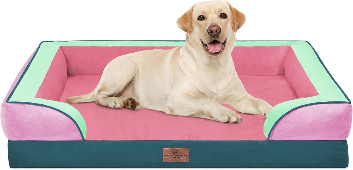Waterproof Orthopedic Dog Bed for Extra Large Dogs | Supportive Egg Crate Foam XL Pet Bed with Removable Bolster, Dog Couch with Washable Cover & Non-Slip Bottom, 42x30 Inch - Colors A