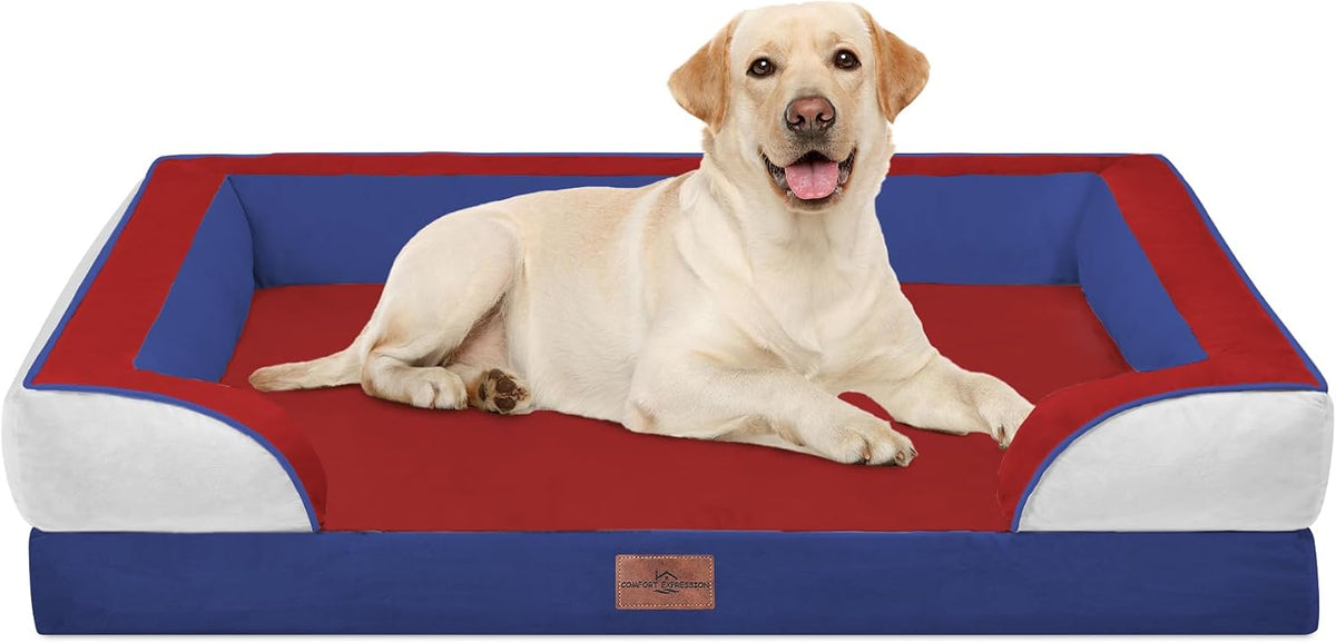 Waterproof Orthopedic Dog Bed for Extra Large Dogs | Supportive Egg Crate Foam XL Pet Bed with Removable Bolster, Dog Couch with Washable Cover & Non-Slip Bottom, 42x30 Inch - Colors A