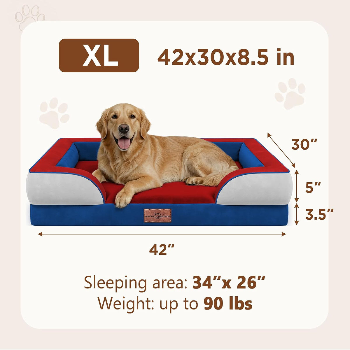Waterproof Orthopedic Dog Bed for Extra Large Dogs | Supportive Egg Crate Foam XL Pet Bed with Removable Bolster, Dog Couch with Washable Cover & Non-Slip Bottom, 42x30 Inch - Colors A