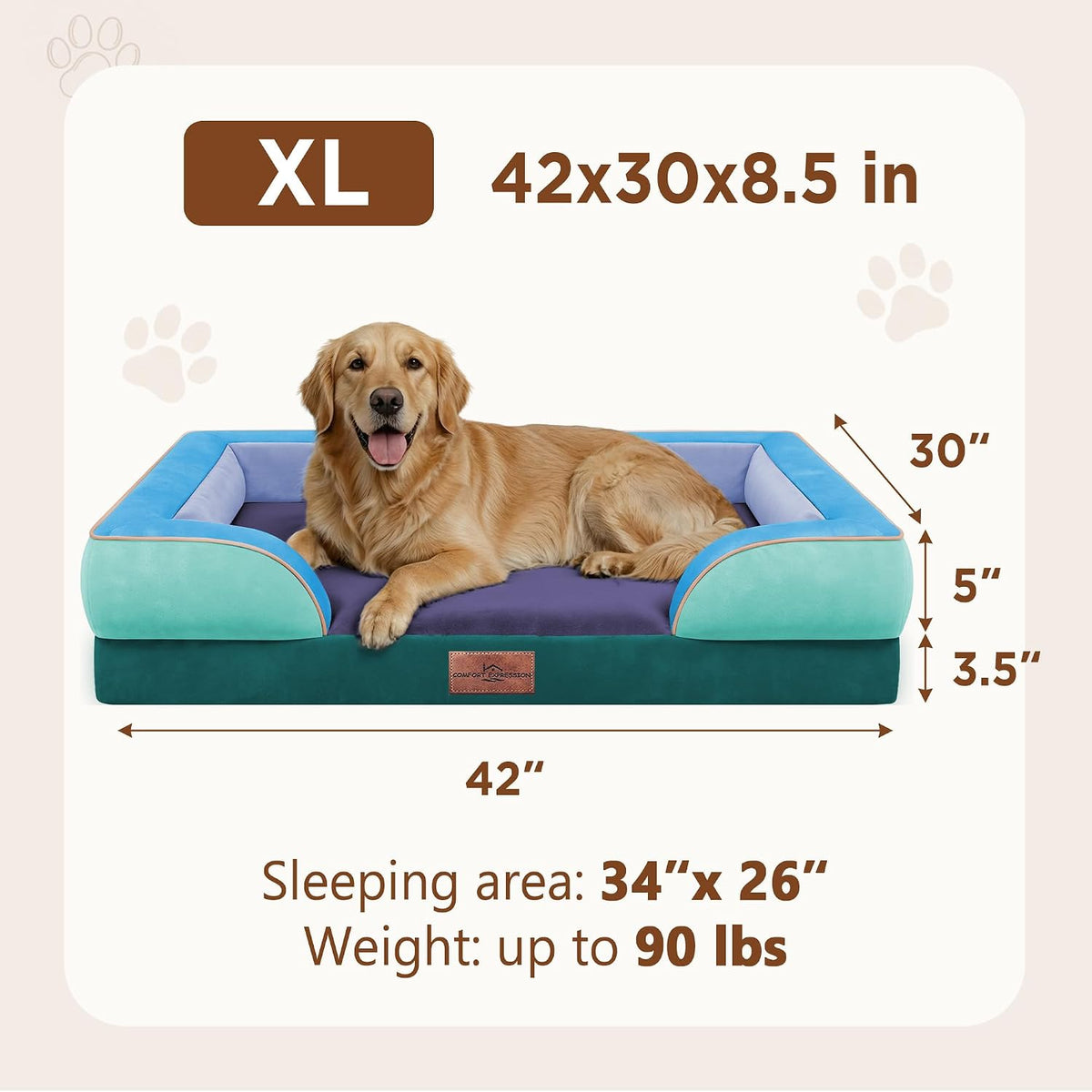 Waterproof Orthopedic Dog Bed for Extra Large Dogs | Supportive Egg Crate Foam XL Pet Bed with Removable Bolster, Dog Couch with Washable Cover & Non-Slip Bottom, 42x30 Inch - Colors A