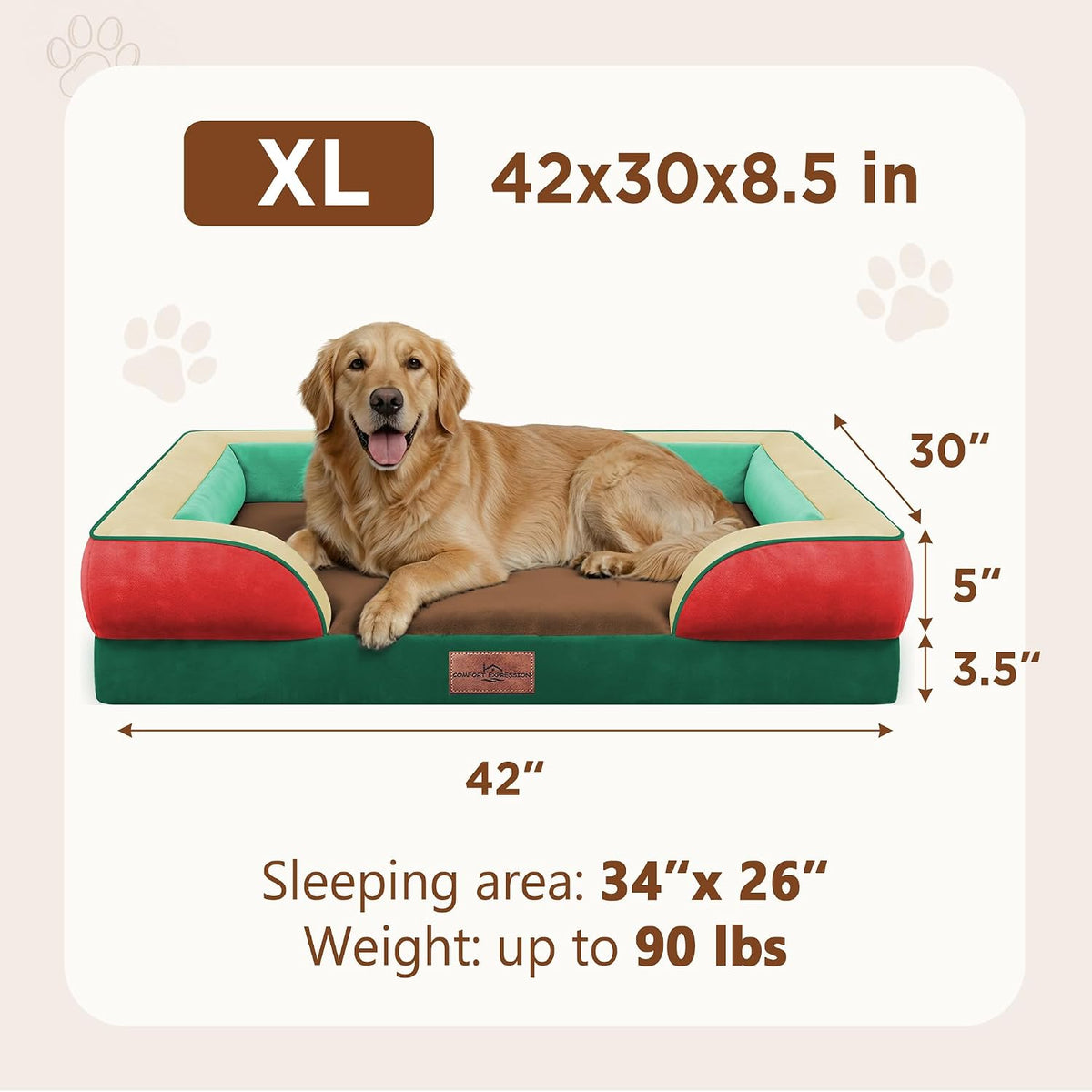 Waterproof Orthopedic Dog Bed for Extra Large Dogs | Supportive Egg Crate Foam XL Pet Bed with Removable Bolster, Dog Couch with Washable Cover & Non-Slip Bottom, 42x30 Inch - Colors A