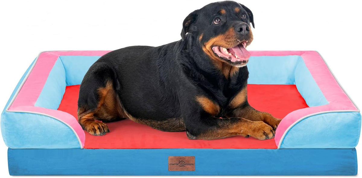 Waterproof Orthopedic Dog Bed for Extra Large Dogs | Supportive Egg Crate Foam XL Pet Bed with Removable Bolster, Dog Couch with Washable Cover & Non-Slip Bottom, 42x30 Inch - Colors A