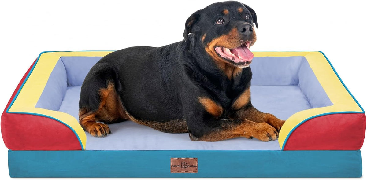 Waterproof Orthopedic Dog Bed for Extra Large Dogs | Supportive Egg Crate Foam XL Pet Bed with Removable Bolster, Dog Couch with Washable Cover & Non-Slip Bottom, 42x30 Inch - Colors A