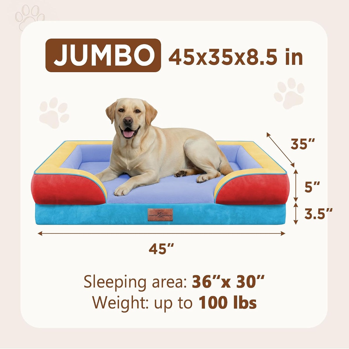 Waterproof Orthopedic Dog Bed for Extra Large Dogs | Supportive Egg Crate Foam XL Pet Bed with Removable Bolster, Dog Couch with Washable Cover & Non-Slip Bottom, 42x30 Inch - Colors A