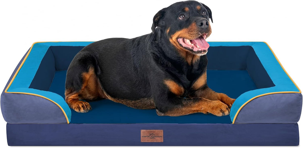 Waterproof Orthopedic Dog Bed for Extra Large Dogs | Supportive Egg Crate Foam XL Pet Bed with Removable Bolster, Dog Couch with Washable Cover & Non-Slip Bottom, 42x30 Inch - Colors A