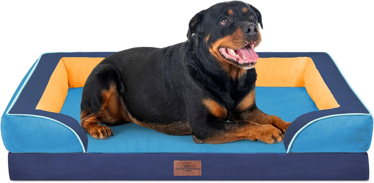 Waterproof Orthopedic Dog Bed for Extra Large Dogs | Supportive Egg Crate Foam XL Pet Bed with Removable Bolster, Dog Couch with Washable Cover & Non-Slip Bottom, 42x30 Inch - Colors A