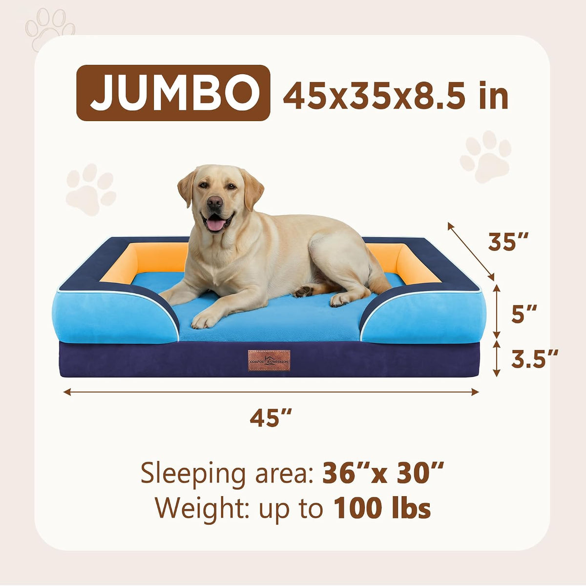 Waterproof Orthopedic Dog Bed for Extra Large Dogs | Supportive Egg Crate Foam XL Pet Bed with Removable Bolster, Dog Couch with Washable Cover & Non-Slip Bottom, 42x30 Inch - Colors A