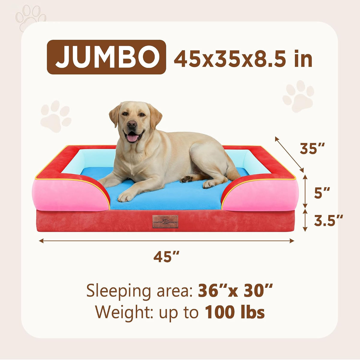 Waterproof Orthopedic Dog Bed for Extra Large Dogs | Supportive Egg Crate Foam XL Pet Bed with Removable Bolster, Dog Couch with Washable Cover & Non-Slip Bottom, 42x30 Inch - Colors A
