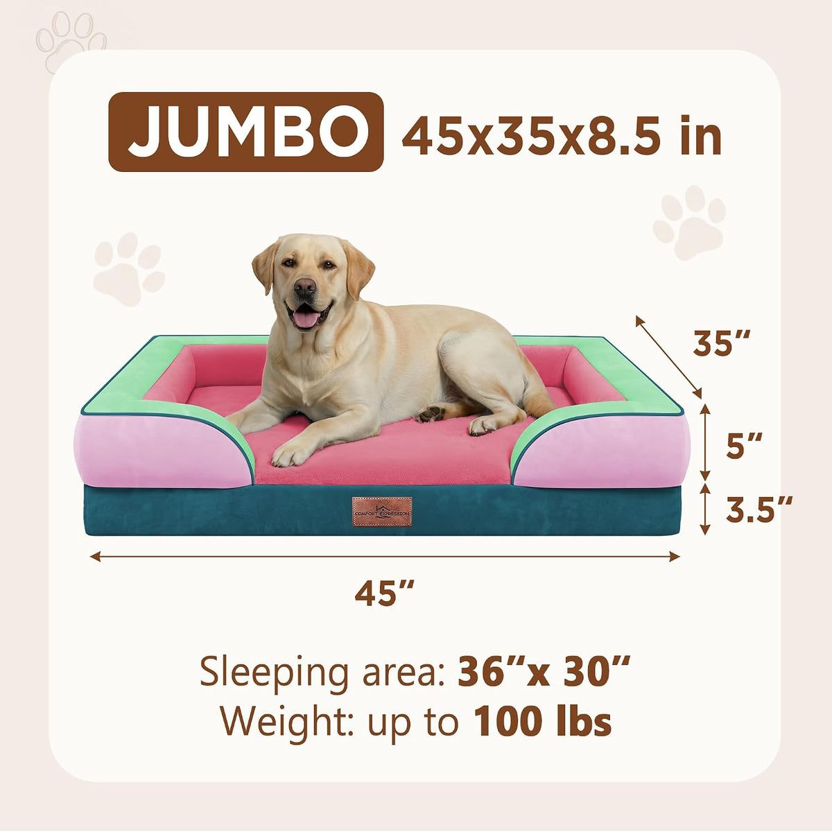 Waterproof Orthopedic Dog Bed for Extra Large Dogs | Supportive Egg Crate Foam XL Pet Bed with Removable Bolster, Dog Couch with Washable Cover & Non-Slip Bottom, 42x30 Inch - Colors A