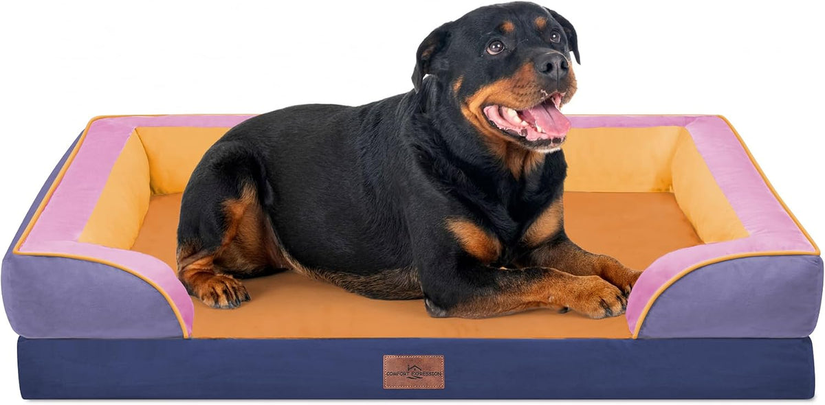 Waterproof Orthopedic Dog Bed for Extra Large Dogs | Supportive Egg Crate Foam XL Pet Bed with Removable Bolster, Dog Couch with Washable Cover & Non-Slip Bottom, 42x30 Inch - Colors A