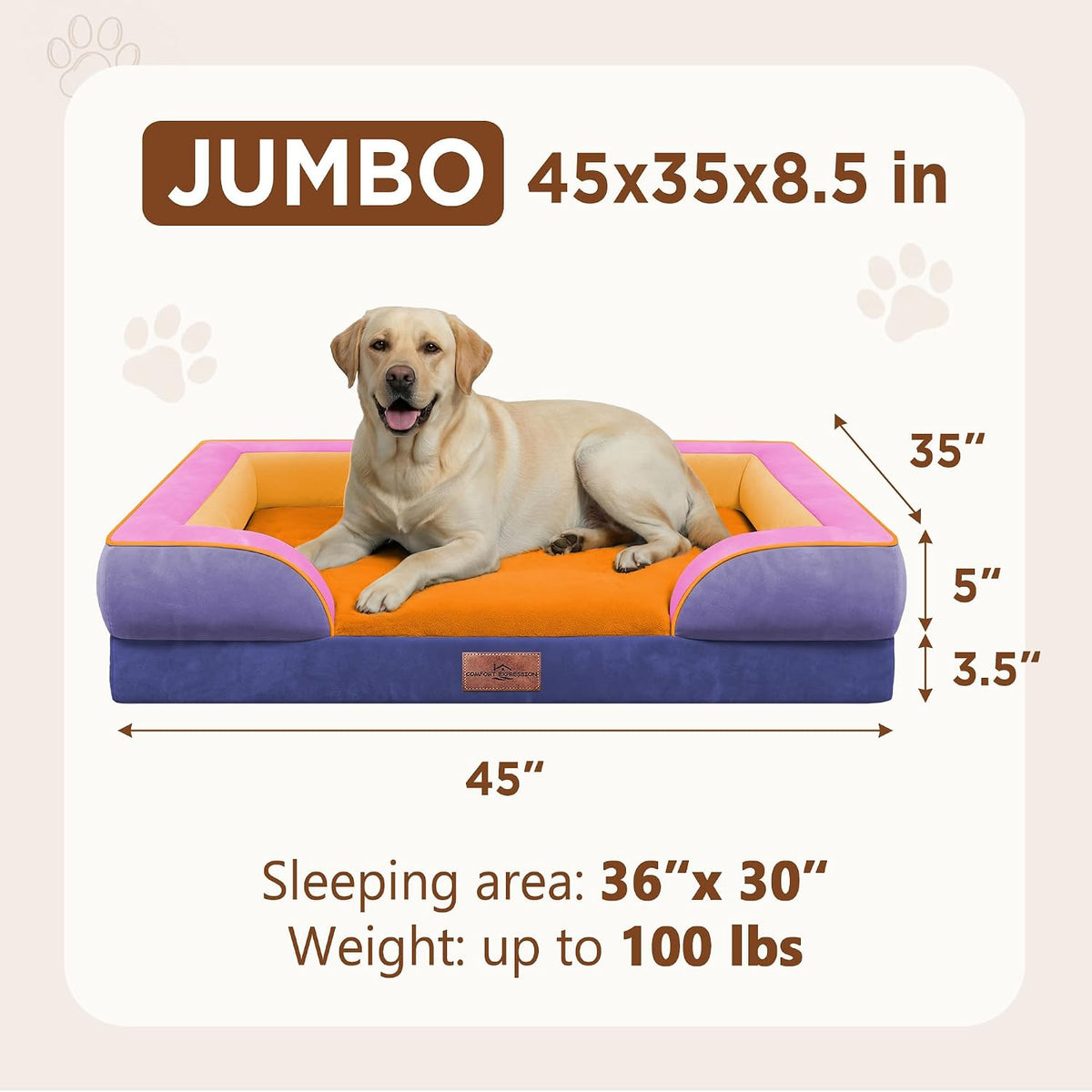 Waterproof Orthopedic Dog Bed for Extra Large Dogs | Supportive Egg Crate Foam XL Pet Bed with Removable Bolster, Dog Couch with Washable Cover & Non-Slip Bottom, 42x30 Inch - Colors A