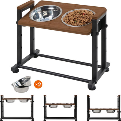 Adjustable Height Pet Feeder Stand with 2 Dishwasher-Safe Stainless Steel Bowls – Brown Wood Top & Black Metal Frame Elevated Food/Water Station for Dogs/Cats Under 100LBS