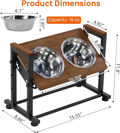 Adjustable Height Pet Feeder Stand with 2 Dishwasher-Safe Stainless Steel Bowls – Brown Wood Top & Black Metal Frame Elevated Food/Water Station for Dogs/Cats Under 100LBS