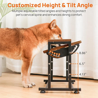 Adjustable Height Pet Feeder Stand with 2 Dishwasher-Safe Stainless Steel Bowls – Brown Wood Top & Black Metal Frame Elevated Food/Water Station for Dogs/Cats Under 100LBS
