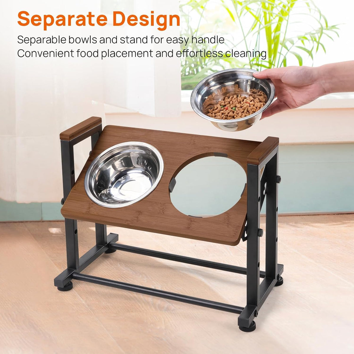 Adjustable Height Pet Feeder Stand with 2 Dishwasher-Safe Stainless Steel Bowls – Brown Wood Top & Black Metal Frame Elevated Food/Water Station for Dogs/Cats Under 100LBS