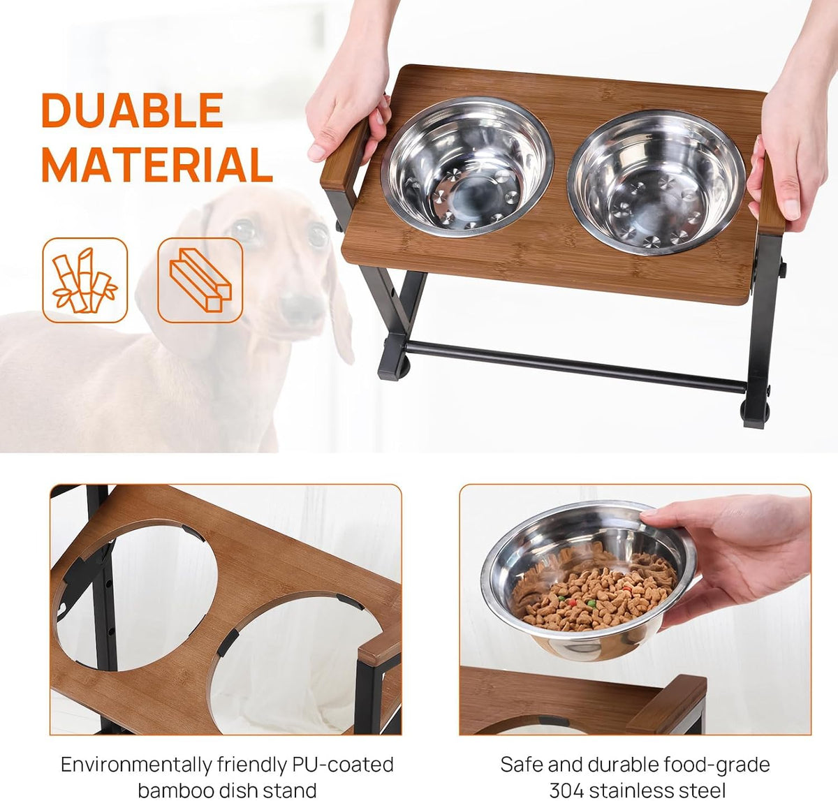 Adjustable Height Pet Feeder Stand with 2 Dishwasher-Safe Stainless Steel Bowls – Brown Wood Top & Black Metal Frame Elevated Food/Water Station for Dogs/Cats Under 100LBS