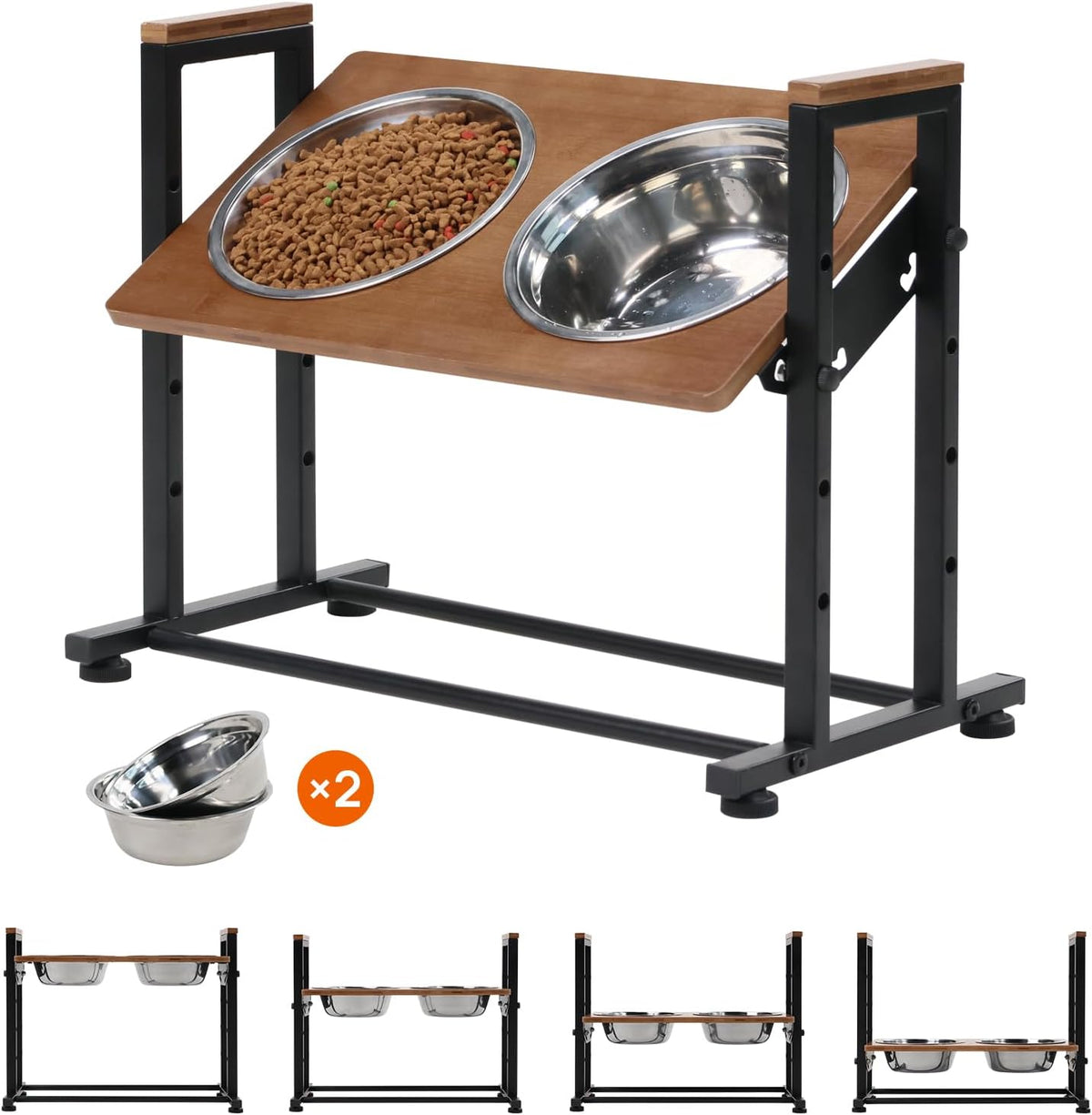 Adjustable Height Pet Feeder Stand with 2 Dishwasher-Safe Stainless Steel Bowls – Brown Wood Top & Black Metal Frame Elevated Food/Water Station for Dogs/Cats Under 100LBS