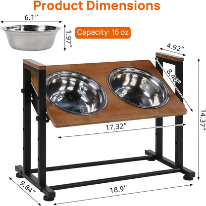 Adjustable Height Pet Feeder Stand with 2 Dishwasher-Safe Stainless Steel Bowls – Brown Wood Top & Black Metal Frame Elevated Food/Water Station for Dogs/Cats Under 100LBS