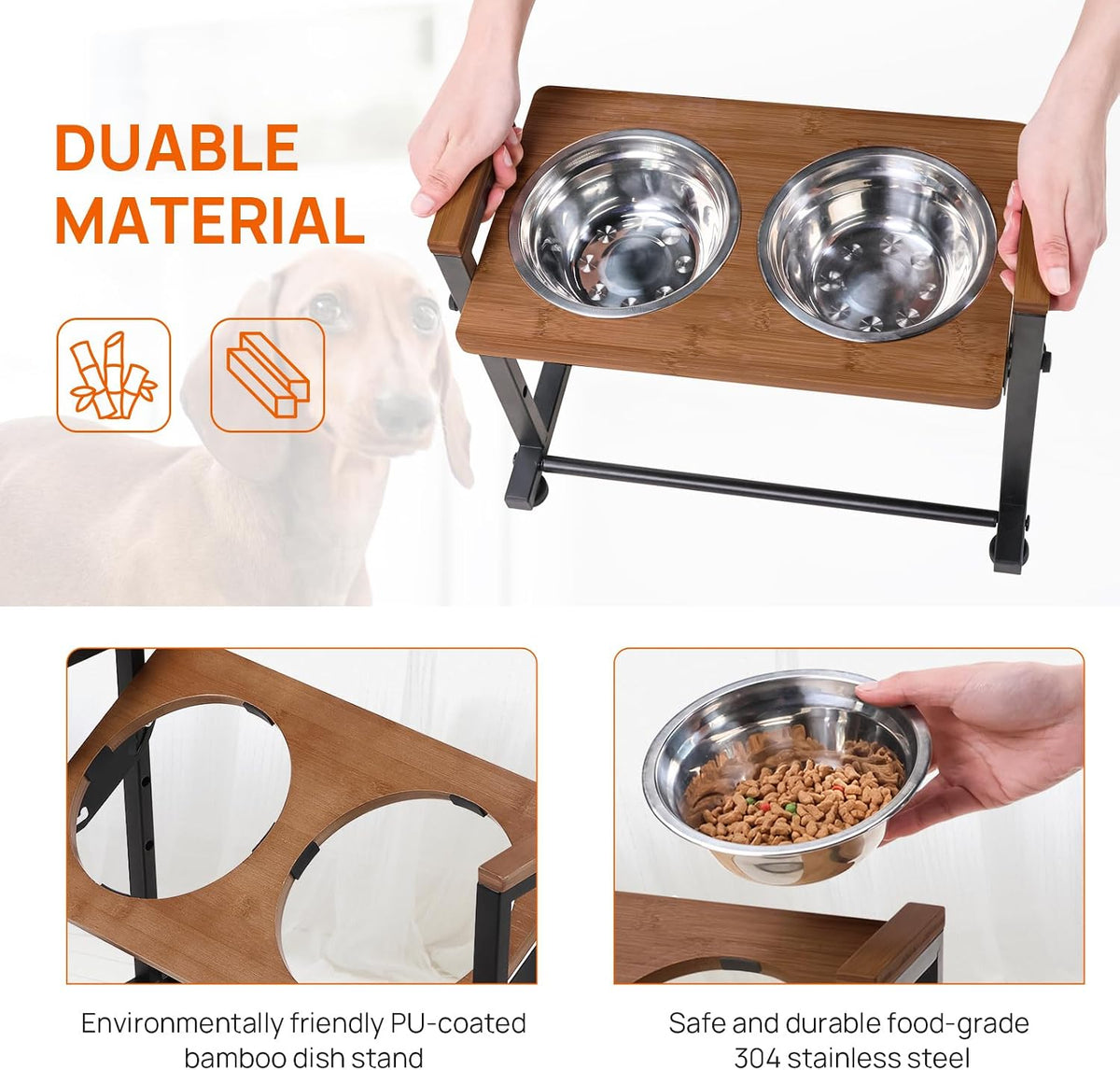 Adjustable Height Pet Feeder Stand with 2 Dishwasher-Safe Stainless Steel Bowls – Brown Wood Top & Black Metal Frame Elevated Food/Water Station for Dogs/Cats Under 100LBS
