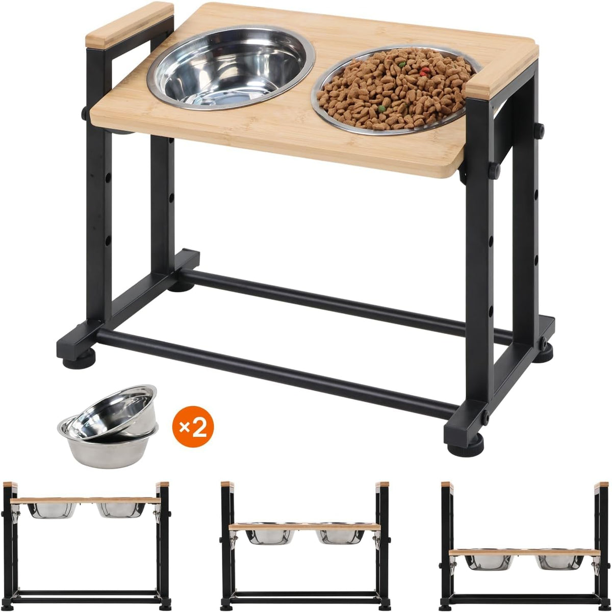 Adjustable Height Pet Feeder Stand with 2 Dishwasher-Safe Stainless Steel Bowls – Brown Wood Top & Black Metal Frame Elevated Food/Water Station for Dogs/Cats Under 100LBS
