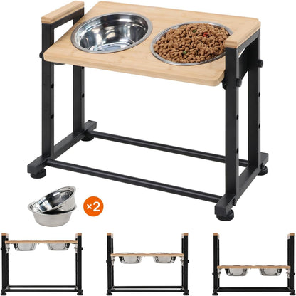 Adjustable Height Pet Feeder Stand with 2 Dishwasher-Safe Stainless Steel Bowls – Brown Wood Top & Black Metal Frame Elevated Food/Water Station for Dogs/Cats Under 100LBS