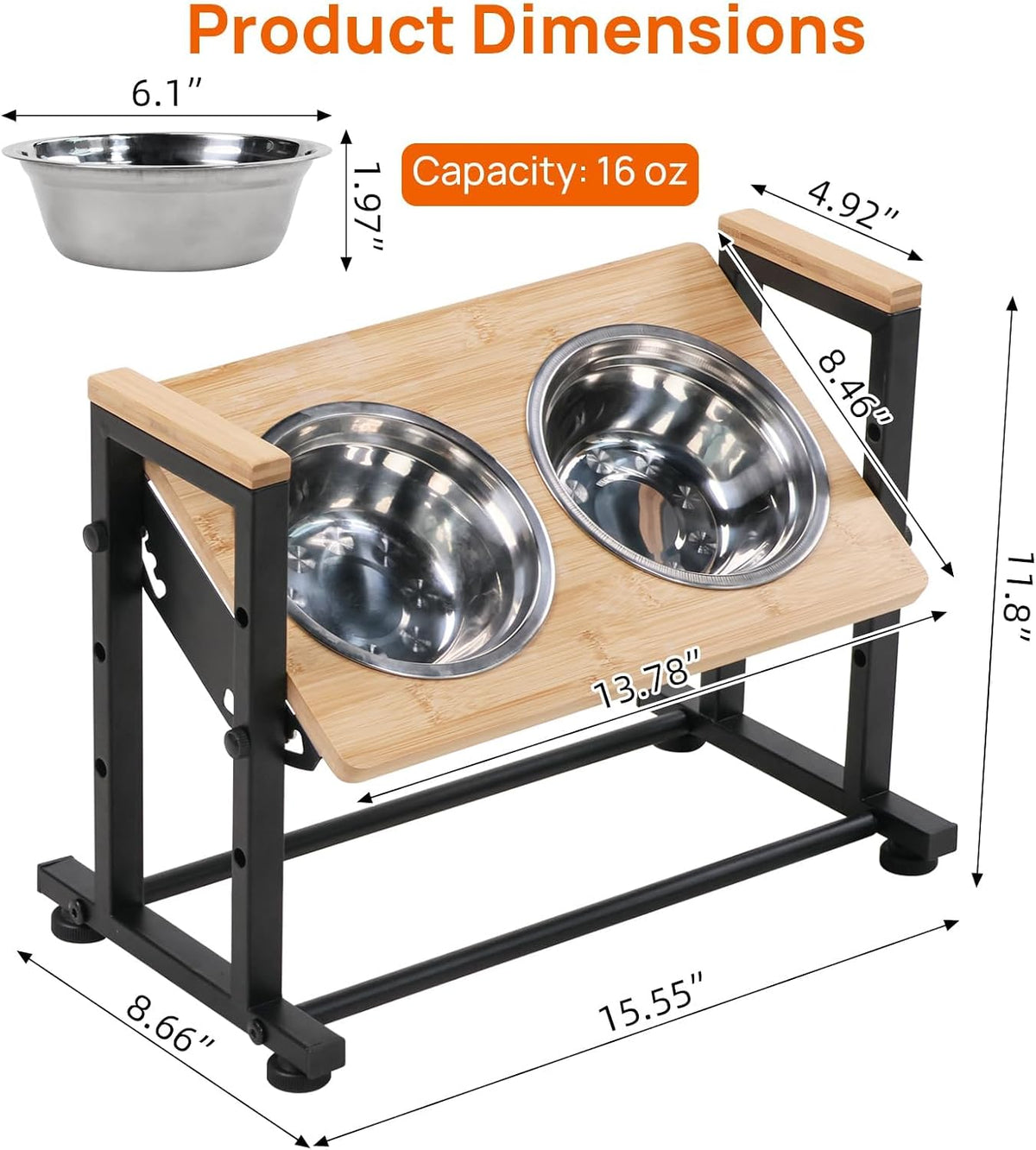 Adjustable Height Pet Feeder Stand with 2 Dishwasher-Safe Stainless Steel Bowls – Brown Wood Top & Black Metal Frame Elevated Food/Water Station for Dogs/Cats Under 100LBS