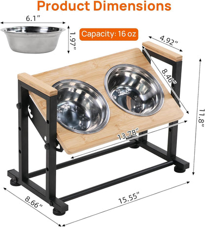 Adjustable Height Pet Feeder Stand with 2 Dishwasher-Safe Stainless Steel Bowls – Brown Wood Top & Black Metal Frame Elevated Food/Water Station for Dogs/Cats Under 100LBS