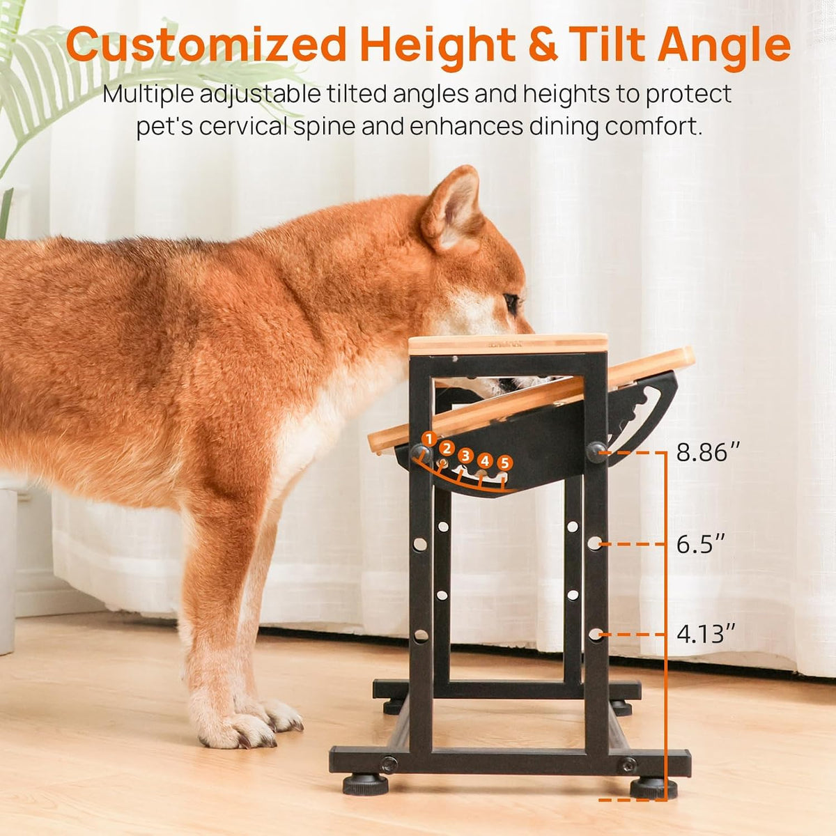Adjustable Height Pet Feeder Stand with 2 Dishwasher-Safe Stainless Steel Bowls – Brown Wood Top & Black Metal Frame Elevated Food/Water Station for Dogs/Cats Under 100LBS