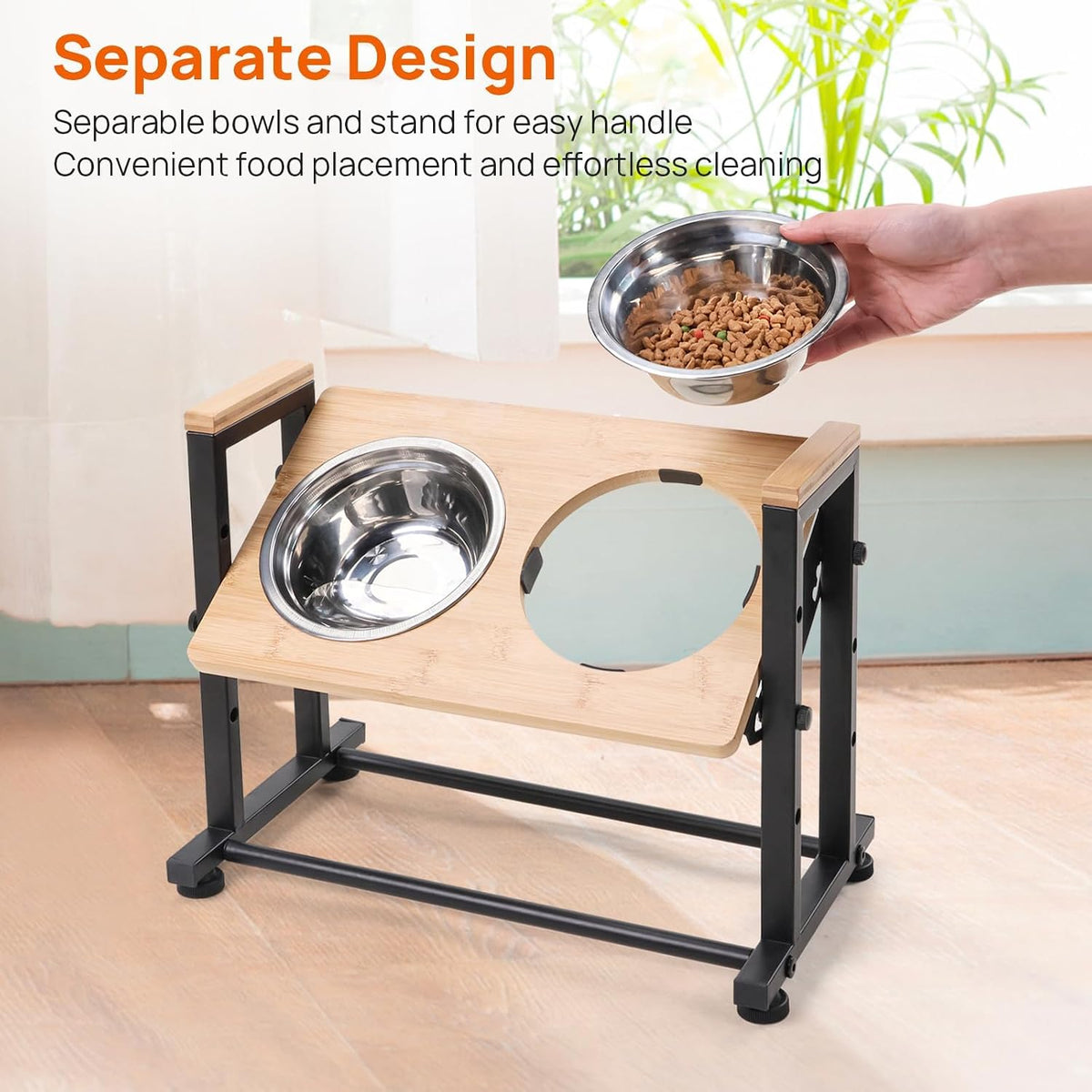 Adjustable Height Pet Feeder Stand with 2 Dishwasher-Safe Stainless Steel Bowls – Brown Wood Top & Black Metal Frame Elevated Food/Water Station for Dogs/Cats Under 100LBS