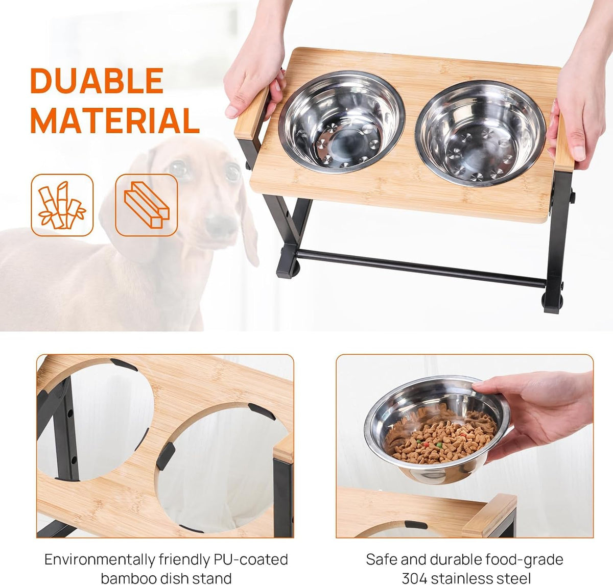Adjustable Height Pet Feeder Stand with 2 Dishwasher-Safe Stainless Steel Bowls – Brown Wood Top & Black Metal Frame Elevated Food/Water Station for Dogs/Cats Under 100LBS